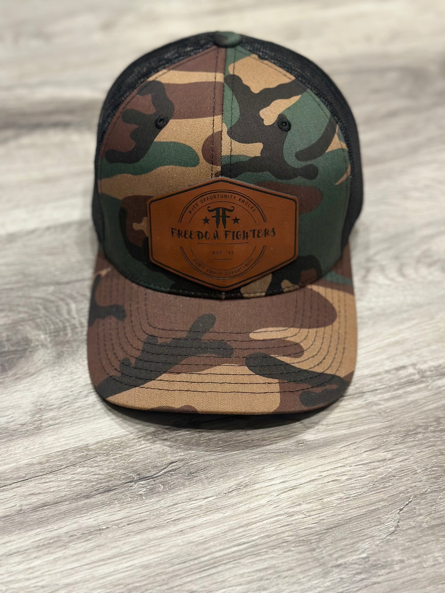 Freedom Fighters "When Opportunity Knocks" Leather Patch Snapback Camo Hat